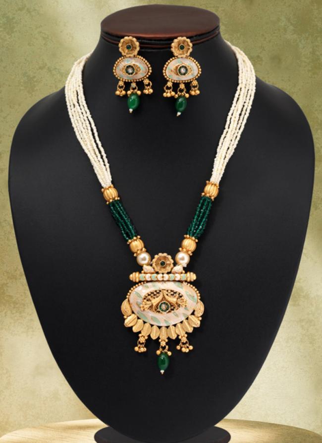   Wedding Wear  Green Color Matte Gold Meenakari Necklace Set